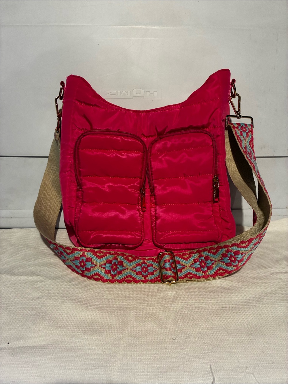 WanderFull Vibrant Hot Pink Quilted Crossbody with Patterned Adjustable Strap